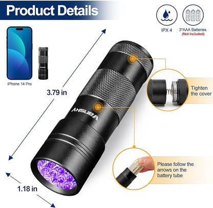 Black Light UV Light Flashlight: Vansky 395nm 12 LED 2 Pack Ultraviolet Blacklight Flashlight Mini Powerful Pet Urine Detector for Dog/Cat, Carpet Dry Stains Detection, Spot Scorpions, Resin Curing