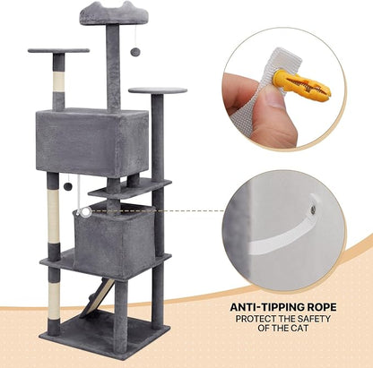 MoNiBloom 77 Inch Cat Tree Tower for Indoor Cats Large Adults, Tall Cat Tower with Scratching Post, Multi-Level Furniture Activity Center with Cat Condo Pet Play House, Smoky Grey