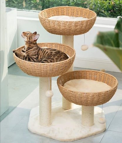 SHENGOCASE Cat Tree Tower with Rattan Wicker Basket, 3 Handwoven Large Nest Baskets Bed, Window Perch for Large Cats up to 20LBS