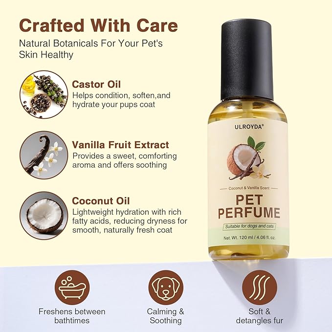 Dog Cologne & Pet Perfume – Long-Lasting Coconut & Vanilla Scent | Alcohol-Free Deodorizing Spray for Dogs & Cats, Gentle Non-sticky Grooming Formula, 4.06 oz