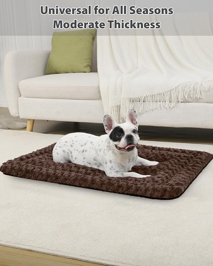 Washable Dog Bed Mat Reversible Dog Crate Pad Soft Fluffy Pet Kennel Beds Dog Sleeping Mattress for Large Jumbo Medium Small Dogs, 29 x 18 Inch, Brown