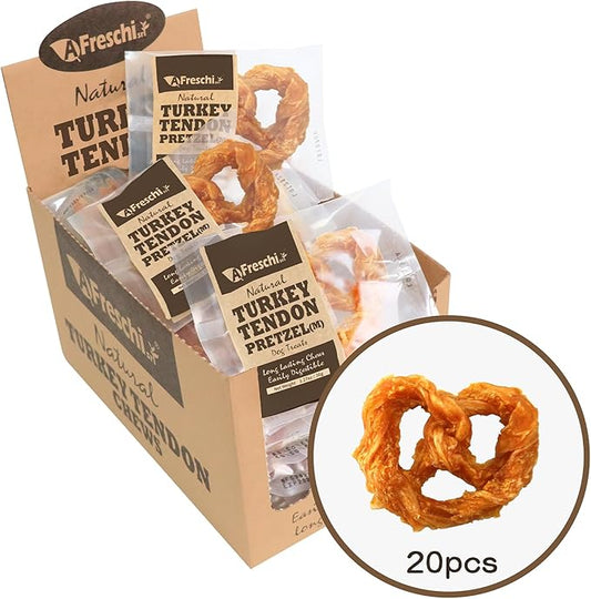 AFreschi Turkey Tendons for Dogs, USA-Sourced, Healthy Dog Treats, Rawhide-Free Puppy Chews, Long Lasting, All Natural, Hypoallergenic Dog Treats for Medium Breeds, 20 Count Box Pretzel (M)
