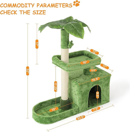 Athena Collection Small Cat Tree Tower with Scratching Post, 32 Inch Modern Cute Cat Tree Condo with Cozy Perch Haing Ball Green Leaves for Kittens Indoor Playing, Green