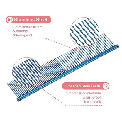 Dog Cat Comb, Pet Combs Stainless Steel Teeth with Rounded Ends for Knots Mats Loose Hair Removal, 6.5/7.5IN (Blue Plated, 2 Pack), Grooming Tool Intended for Long Curly Hair Pet
