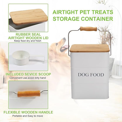 Dog Food storage container Dog Treats Jar,5~6 lb Metal food treats tin for Dog, pet snacks Canisters with wooden lid/handle/sevice scoop-White