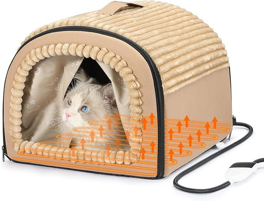 Smart Heated Cat Bed Cave Pet House for Indoor Cats & Small Dogs, Washable & Foldable with Removable Cushion, 17.72x14.96x12.6 inches, Brown
