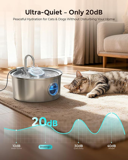Invengo Cat Water Fountain Stainless Steel, 3.2L/108oz Pet Drinking Fountain for Cats Dogs, Automatic Cat Fountain with 2 Flow Modes, Splash-Proof Bowl, Includes 4 Replacement Filters