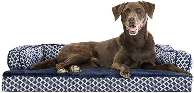 Furhaven Orthopedic Dog Bed for Large/Medium Dogs w/ Removable Bolsters & Washable Cover, For Dogs Up to 55 lbs - Plush & Woven Decor Comfy Couch Sofa - Diamond Blue, Large