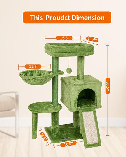 FISH&NAP Cute Cat Tree Kitten Cat Tower for Indoor Cat Condo Sisal Scratching Posts with Jump Platform Cat Furniture Activity Center Play House Green