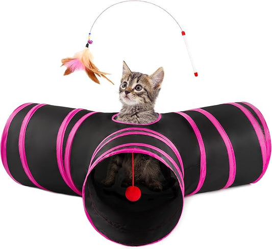 Love's cabin Cat Tunnel Tube Toys 3 Way Collapsible, Cat Tunnels for Indoor Cats，Kitten Tunnel Bored Pet Play Tunnel with Peek Hole Toy Ball for Kitty, Kitten, Rabbit, Puppy Red