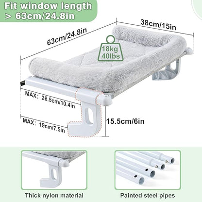Sunhoo Cat Window Perch Hammock Sturdy Windowsill Bed Seat for Large Cats No Drilling No Suction Adjustable Kitty Shelf with Washable Cover Easy Assembly Holds up to 40 lbs 24.8 * 15 in (Grey, L)