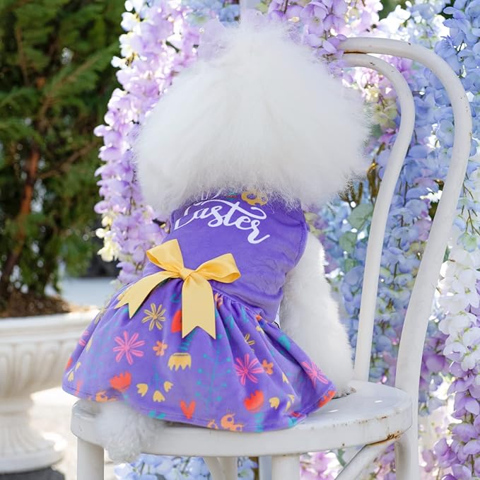 CuteBone Easter Dog Dress Velvet for Small Dogs Girl Flower Skirt Puppy Dresses Purple Dog Clothes CVA16XS-D