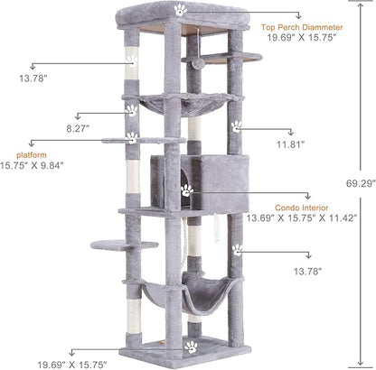 Heybly Cat Tree for Large Cats 20 lbs Heavy Duty,69 inches XXL Cat Tower for Indoor Cats,Multi-Level Furniture Condo with Big Padded Plush Perch,Cozy Basket HCT031W