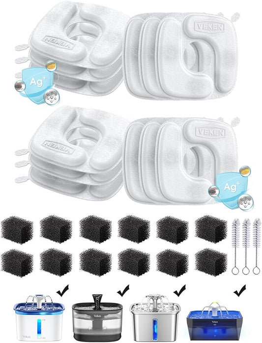 Veken Cat Water Fountain Filters, 12 Pack Replacement Filters & 12 Pack Replacement Pre-Filter Sponges Set for 50oz, 84oz, 95oz or 108oz Automatic Pet Fountain Dog Water Dispenser