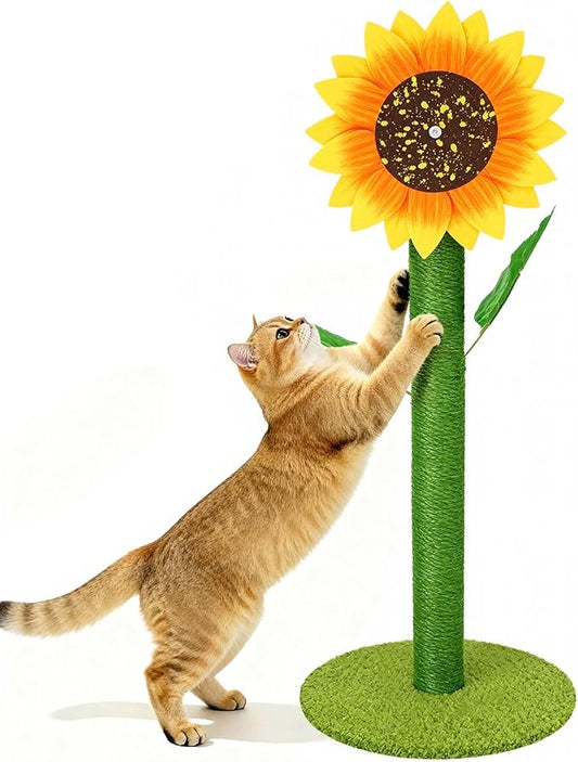 38" Tall Cat Scratching Post, Sunflower Cat Scratcher for Indoor Cats with Rotating Flower Top, Large Cat Scratch Post with Natural Sisal and Suction Cup Base for Adult Cats and Kittens