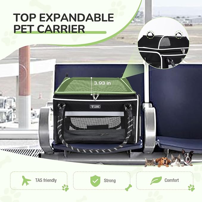 Lekereise Top Expandable Dog Carrier TSA Airline Approved Soft Sided Pet Underseat Up to 12lbs Travel Carriers for Small Cats and Dogs with Convertable Dog Leash and Anti-Scratch Mesh