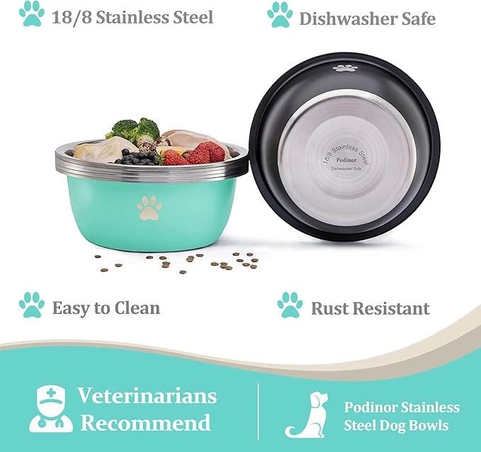 Large Dog Water Bowl 2 Pack, 1 Gallon 128oz Stainless Steel Extra Large Dog Food Bowl for Big Giant Dogs, Aqua