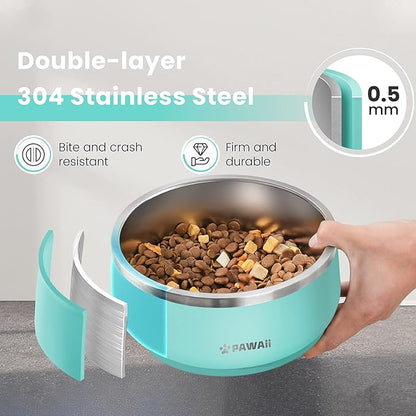 Pawaii Stainless Steel Dog Bowl with Non-Slip Rubber Base & Double Wall Insulation - Durable Design | Includes ID Tag | Dishwasher Safe Food & Water Bowl for All Dogs (34oz)