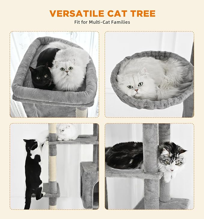 Made4Pets Tall Cat Tree, 71 Inches Cat Tree Tower for Indoor Cats Large Adult, Plush Multi-Level Cat Tower with 5 Scratching Posts, 2 Hammock, Condo and Perch, Big Cat House Indoor, Grey
