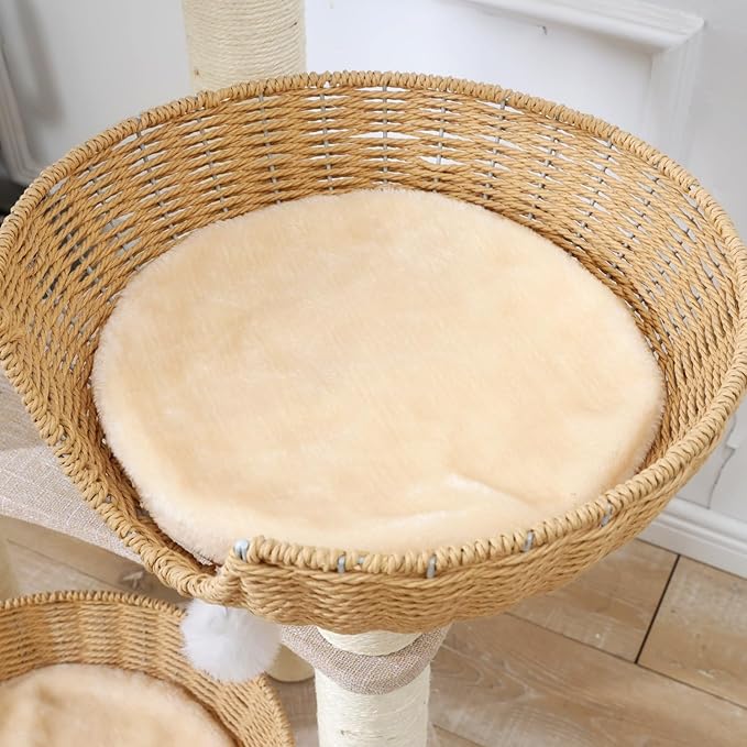 SHENGOCASE Modern Cat Tree Tower, Wooden Condo, 3 Large Rattan Wicker Basket Beds, Window Perch for Cats up to 20 lbs