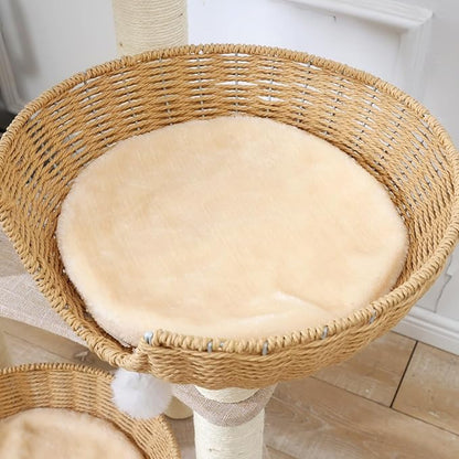 SHENGOCASE Modern Cat Tree Tower, Wooden Condo, 3 Large Rattan Wicker Basket Beds, Window Perch for Cats up to 20 lbs