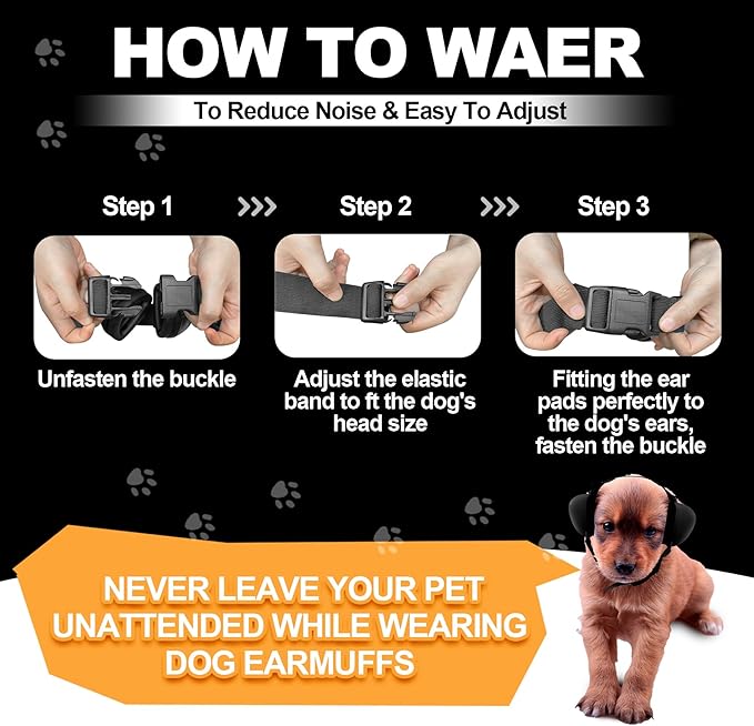 PROHEAR Dog Ear Muffs Hearing Protection for Dogs, NRR 28dB Noise Cancelling Headphones, Easy to Adjust Dog Hearing Protection Earmuffs for Thunder, Hunting, Tourism, Cars, Racing, Medium, Black