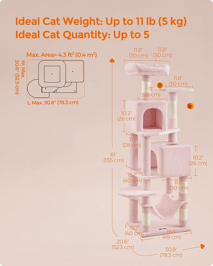 Feandrea Cat Tree, 61-Inch Cat Tower for Indoor Cats, Plush Multi-Level Cat Condo with 5 Scratching Posts, 2 Perches, 2 Caves, Hammock, 2 Pompoms, Jelly Pink UPCT192P01