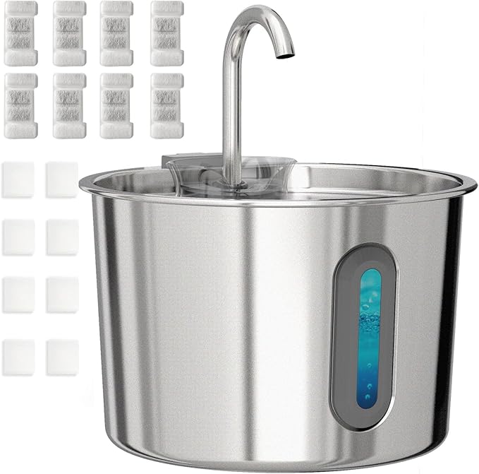 HAJXM Cat Water Fountain, 74oz/2.2L Cat Fountain for Drinking - Pet Water Fountain Stainless Steel for Cats Inside - Quiet Water Bowl Dispenser - Kitty Drinking Fountains - 8 Filters + 8 Sponges