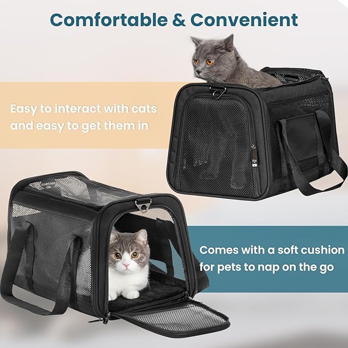 Petsfit Airline Approved Dog Carrier Cat Carrier, Soft-Sided Collapsible Pet Carrier for Travel, 3 Carrying Ways, Lightweight and Ventilation on 5 Sides, Escape Proof, with Soft Fleece Pad