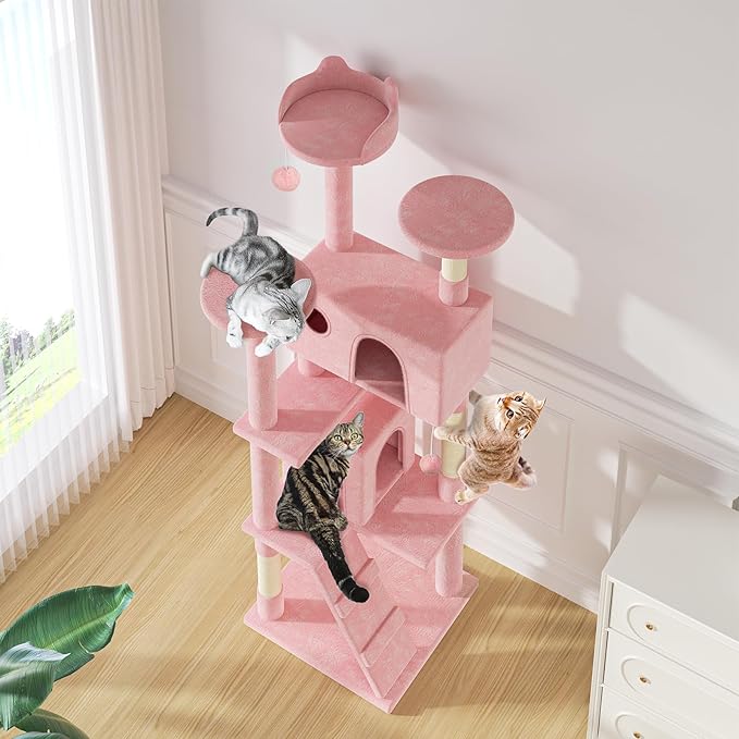 MoNiBloom 77 Inch Cat Tree Tower for Indoor Cats Large Adults, Tall Cat Tower with Scratching Post, Multi-Level Furniture Activity Center with Cat Condo Pet Play House, Soft Pink