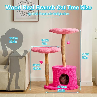 Modern Cat Tree Tower with Real Branch | Luxury Cat Condo for Large Cats | Wooden Cat Tower | Cat Scratching Tree for Cat Lover Gift （Pink ）