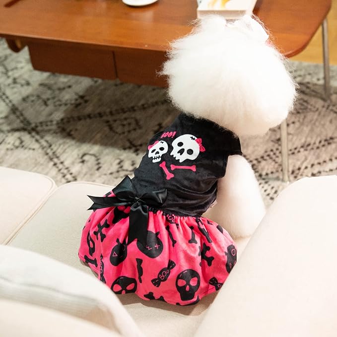 CuteBone Halloween Skulls Dog Dress Velvet for Small Dogs Girl Puppy Dresses Pink Dog Clothes CVA02S-D