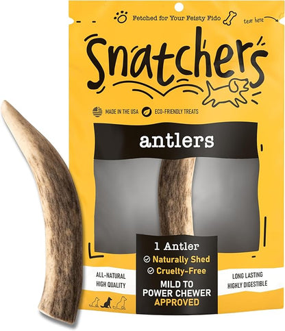 Snatchers Deer Antlers for Mild to Aggressive Chewers – Durable, Naturally Shed Antlers for Dogs Processed in The USA, No Additives (Medium, 5-7", 1 Count)