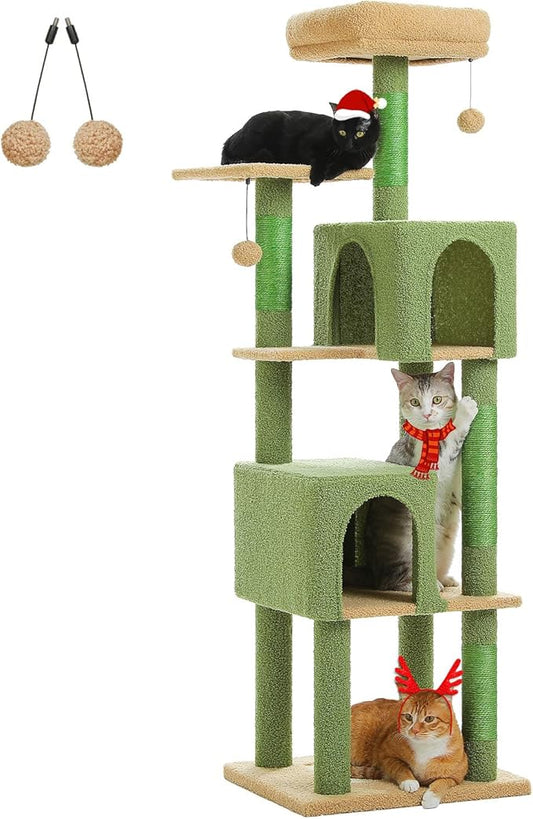 62" Cactus Cat Tree for Indoor Cats, Multi-Level Cat Tower with 2 Spacious Condos, Dual Top Perches, Scratching Pad, 4 Scratching Posts, 2 Pompoms, Green