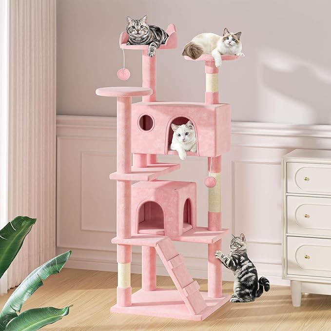MoNiBloom 70 Inch Cat Tree Tower for Indoor Cats Large Adults, Tall Cat Tower with Scratching Post, Multi-Level Furniture Activity Center with Cat Condo Pet Play House, Soft Pink