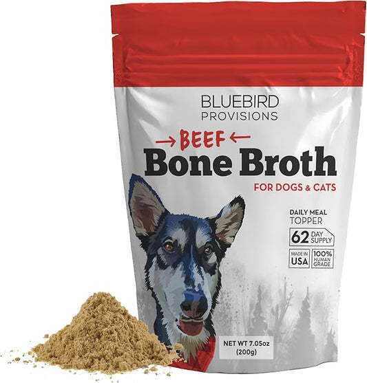 BLUEBIRD PROVISIONS Beef Bone Broth for Dogs - High Protein Bone Broth for Cats - Beef Bone Broth Powder for Dogs - Dehydrated Beef Cat Food Toppers - Dog Safe Bone Broth - Bone Broth Topper for Dogs