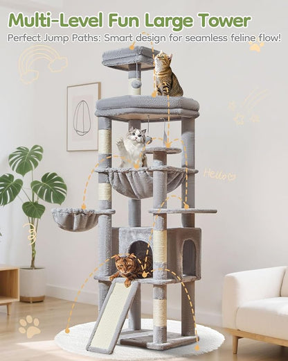 Taoqimiao 72 Inches Cat Tree for Large Cats, Multi-Level Tall Cat Tower, Widened Cat Condo with Large Scratch Board, 5 Scratching Posts, Metal Hammcock, Cozy Basket, Light Gray, MS045W