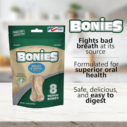 Bonies Breath and Dental Formula Treats for Dogs, All-Natural Ingredients, Fresh Breath, Cleans Teeth, Low Calories, Chicken Flavor - Medium, 8 Bones, 11.45-oz
