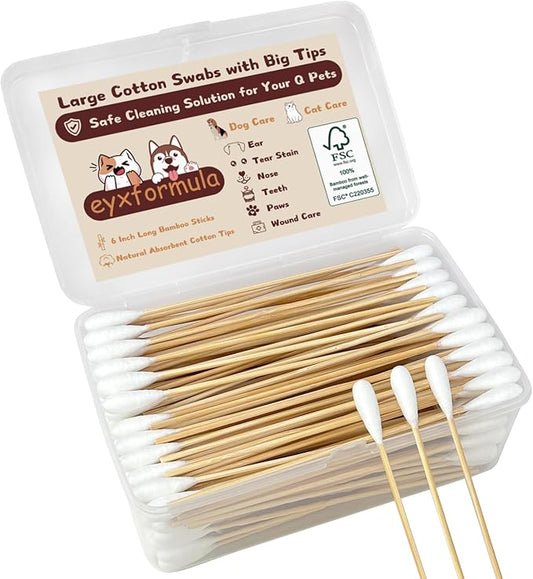 eyxformula 6 Inch Long Cotton Swabs for Pet Cleaning, Bamboo Handle, Pet Ear Cleaning Solution Supplies for Dogs and Cats (200 pcs Large Cotton swabs)