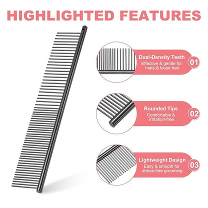 Dog Cat Comb, Pet Combs Stainless Steel Teeth with Rounded Ends for Knots Mats Loose Hair Removal, 6.5/7.5IN (Black Plated, 2 Pack), Grooming Tool Intended for Long Curly Hair Pet