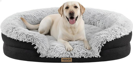 Fluffy Orthopedic Dog Bed for Extra Large & Jumbo Dogs, Calming Plush Sofa Bed with Curved Bolster Support, 48" Cozy Oval Pet Donut Bed with Washable Cover, Gray