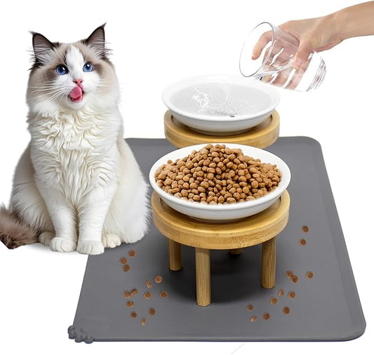Upgraded Elevated Cat Bowls with Food Mat, Raised Ceramic Cat Dishes with Bamboo Stand, Shallow Wide Pet Feeding Bowls Whisker-Friendly for Food and Water