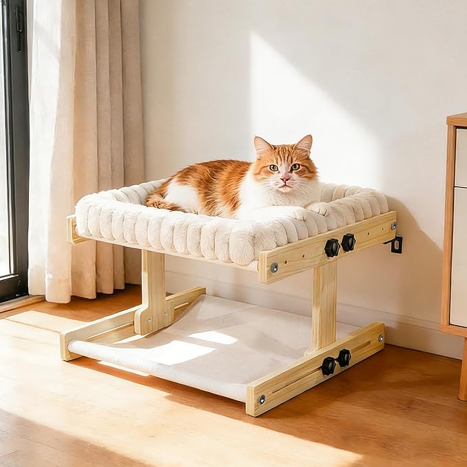 Cat Perch for Window XiaZ Cats Hammock Indoor Cat Bed for Window Wall Shelves Adjustable 50LB Bearing Wooden Frame W/Detachable Washable Cushion Perfect for Bird Watching Sunbathing Double Layer