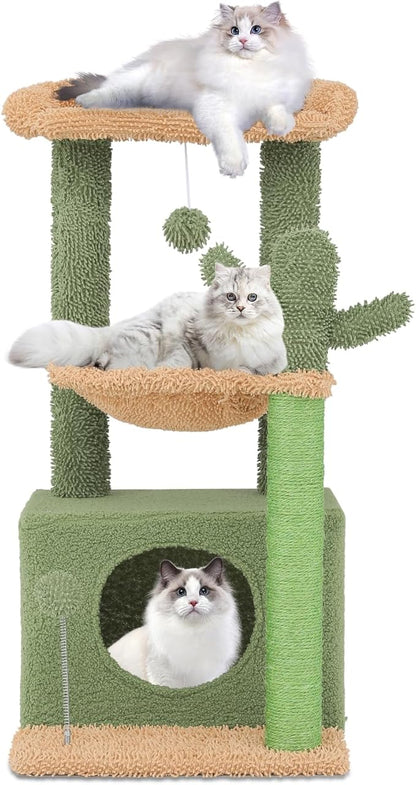 Athena Collection Small Cat Tree Tower with Scratching Post, 33.5 Inch Modern Cute Cat Tree Condo with Cozy Perch Hammock Hanging Ball for Kittens Indoor, Cactus Shade, Light Green