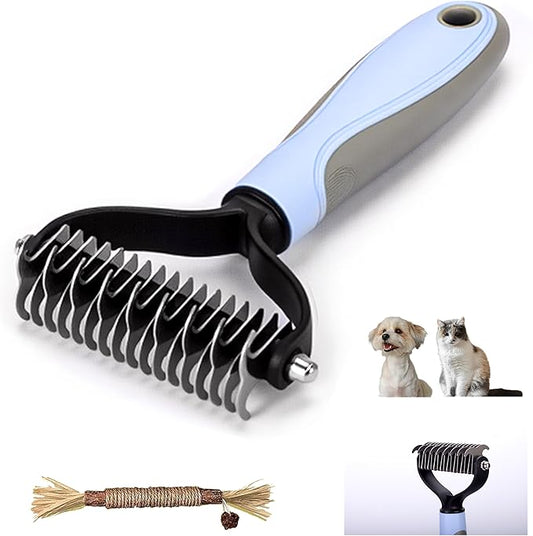 Double Sided Undercoat Rake for Dogs & Cats, 2-in-1 Dematting Tool & Deshedding Brush, Grooming Comb for Removing Mats, Tangles and Loose Fur (Blue)