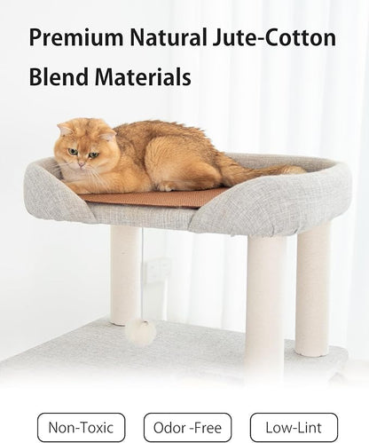 Cat Tree Tower Wooden 37.4''(95 cm), Large Cat Tree with Jump Platform & Play Ball for Indoor Cats, Ideal Cat's Climbing Frame & Playhouse (Linen Fabric Light Grey)