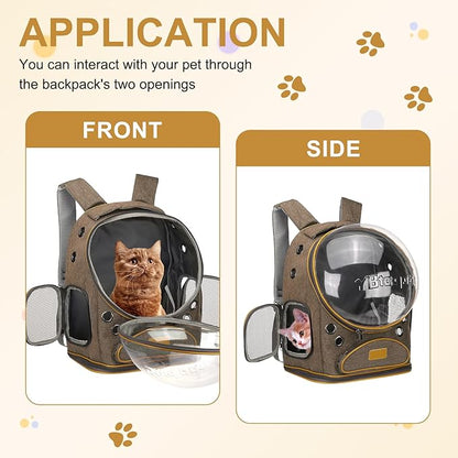 Pet Backpack Carrier, Portable and Ventilated, Oxford Cloth, Dog Cat Travel Bag with Transparent Cover 12.6", (Brown, 1 Pcs), Intended for Hiking/Camping/Traveling
