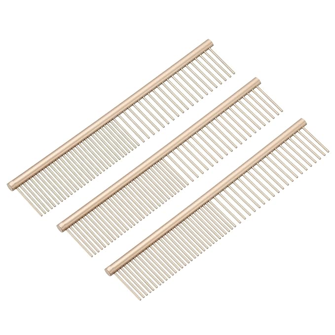 Dog Cat Comb, Pet Combs Stainless Steel Teeth with Rounded Ends for Knots Mats Loose Hair Removal, 6.5IN (Gold Coated, 3 Pack), Grooming Tool Intended for Long Curly Hair Pet