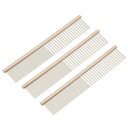 Dog Cat Comb, Pet Combs Stainless Steel Teeth with Rounded Ends for Knots Mats Loose Hair Removal, 6.5IN (Gold Coated, 3 Pack), Grooming Tool Intended for Long Curly Hair Pet