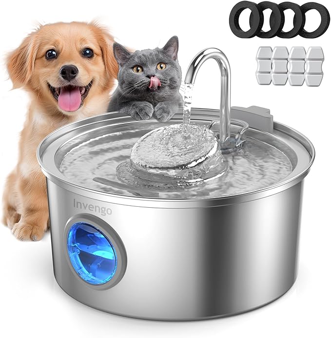 Invengo Cat Water Fountain Stainless Steel, 3.2L/108oz Pet Drinking Fountain for Cats Dogs, Automatic Cat Fountain with 2 Flow Modes, Splash-Proof Bowl, Includes 4 Replacement Filters